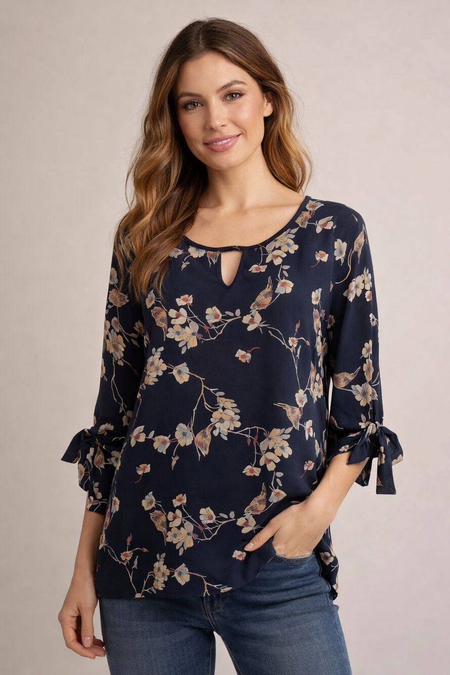 Creative Commune Floral Bird Blouse Tie Sleeve Keyhole Top L Boho Boutique